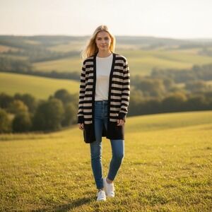 LOFT Striped Cardigan Sweater Womens Small Open‎ Front Tan Black Duster